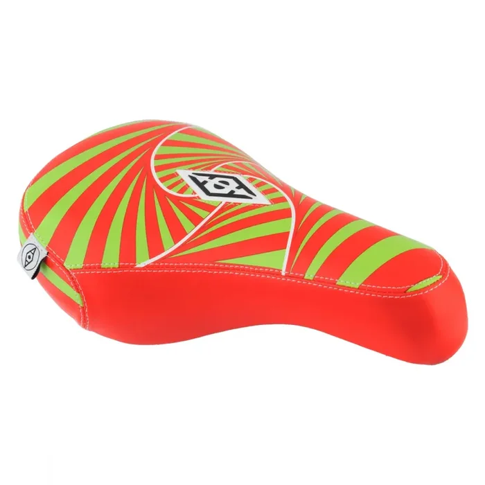 BMX Bicycle Saddle Alienation Psycho BMX – Green/Red 140mm Width Vinyl Faux Leather