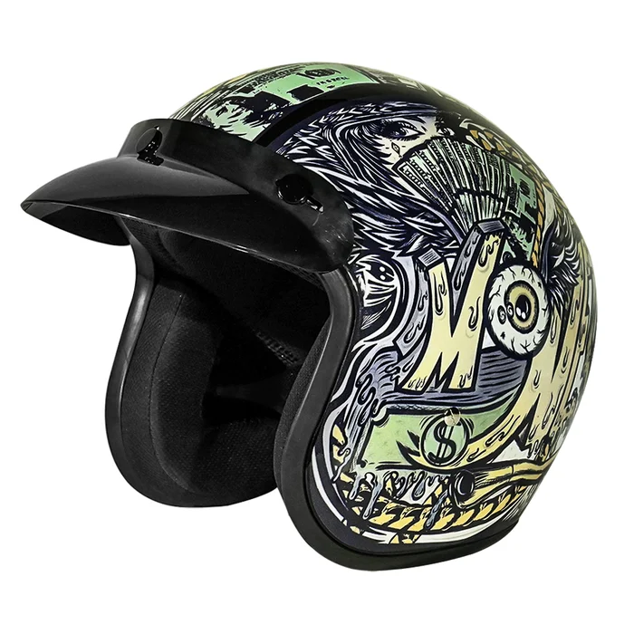 DOT Approved Daytona Cruiser Open Face Motorcycle Helmet – Men, Women & Youth – With Visor & Graphics – W/ Money