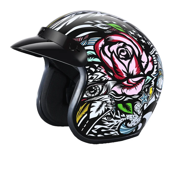 DOT Approved Daytona Cruiser Open Face Motorcycle Helmet – Men, Women & Youth – With Visor & Graphics – W/ Tribal