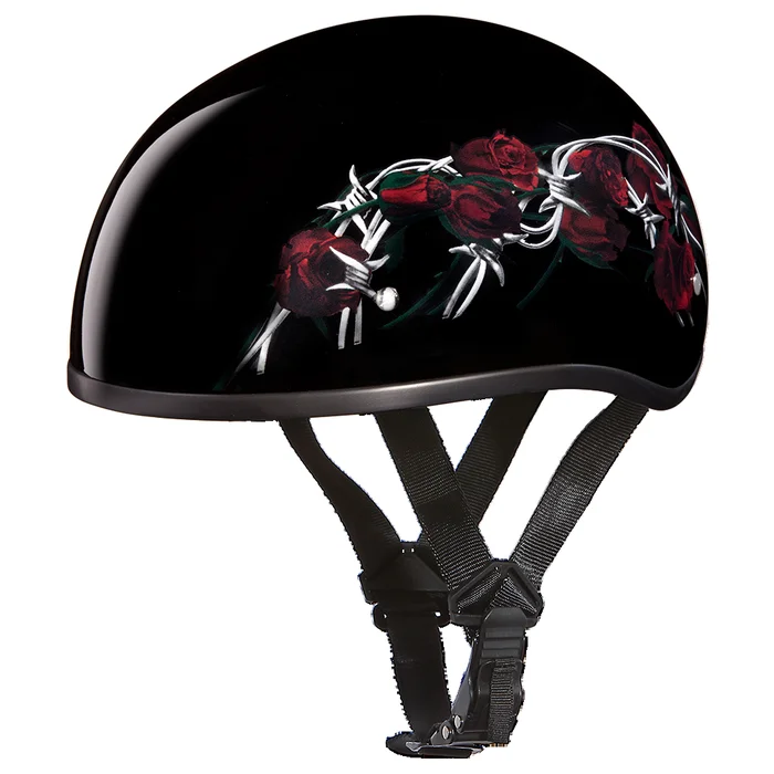 DOT Approved Daytona Motorcycle Half Face Helmet – Skull Cap Graphics for Men & Women, Scooters, ATVs, UTVs & Choppers – W/ Barbed Roses