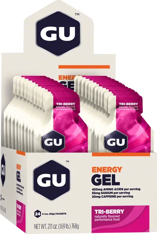 GU Energy Gel Tri Berry Box of 24 20mg Caffiene Branched-Chain Amino Acids