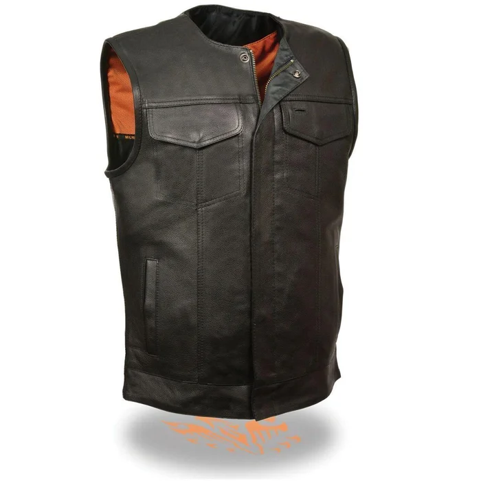 Milwaukee Leather MLM3511 Men’s Black Collarless Snap/Zipper Club Style Motorcycle Leather Vest