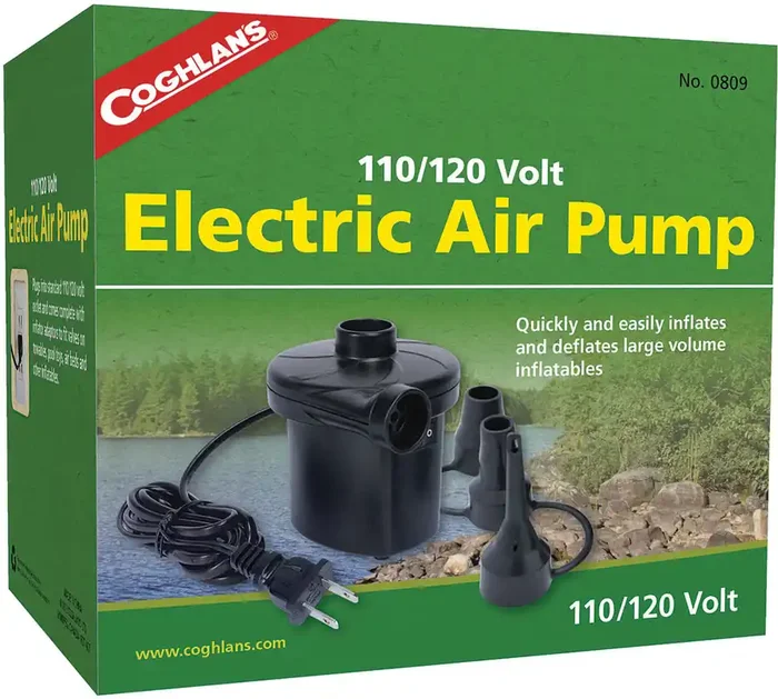 Portable Electric Air Pumps for Inflatables – 110/120V & 12V DC Models with Valve Adapters, High Performance, Compact Design