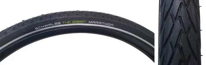 Schwalbe Green Marathon Tire – 27.5 x 1.65 Clincher Wire BLK/Reflective Performance Line GreenGuard TwinSkin Addix