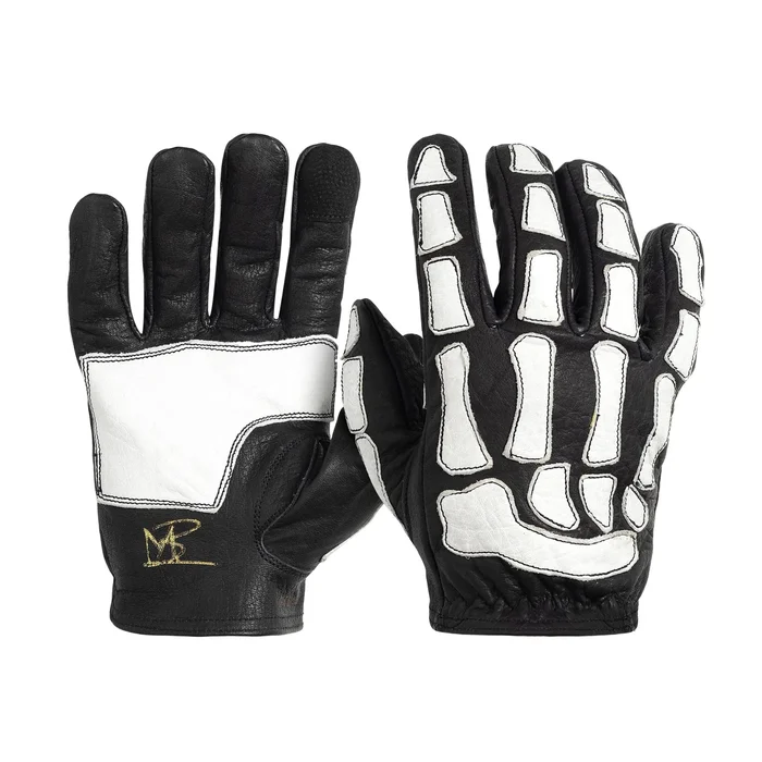 Skeleton Leather Motorcycle Glove – Black-White