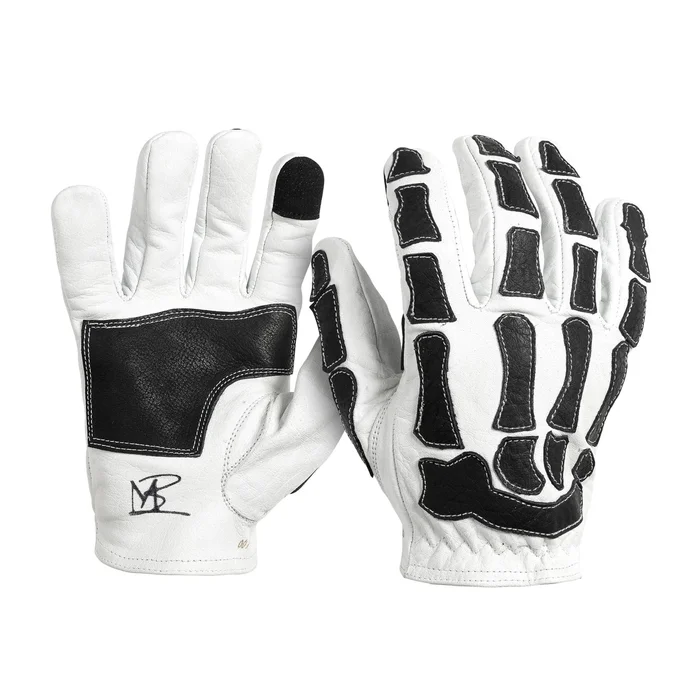 Skeleton Leather Motorcycle Gloves – White-Black