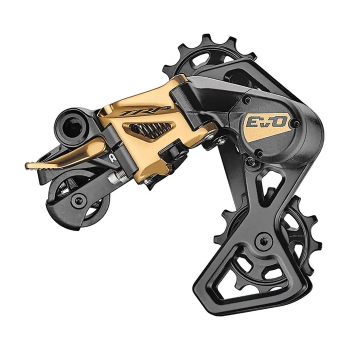 TRP EVO 7 Rear Derailleur – Lightweight Carbon Fiber Cage, Hall Lock Technology, 7-Speed, Short Cage, Gold Finish for Rugged Trail & Road Cycling