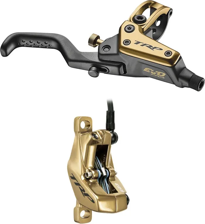 TRP EVO Pro HD-M9040 Disc Brake and Lever – Right/Front or Rear, 1900mm Hose, Post Mount, 4-Piston, Gold
