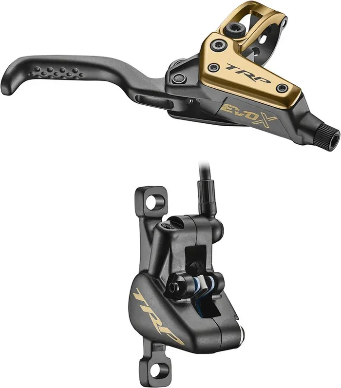 TRP EVO X HD-M9020 Disc Brake and Lever – Right/Front or Rear, 1900mm Hose, Post Mount, 2-Piston, Gold