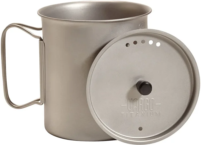 Vargo Titanium Ti-lite Mug Collection – Ultra-Lightweight, Durable Titanium Camping Mugs with Straining Lid, Rustic Finish & Easy Cleaning for Outdoor Cooking