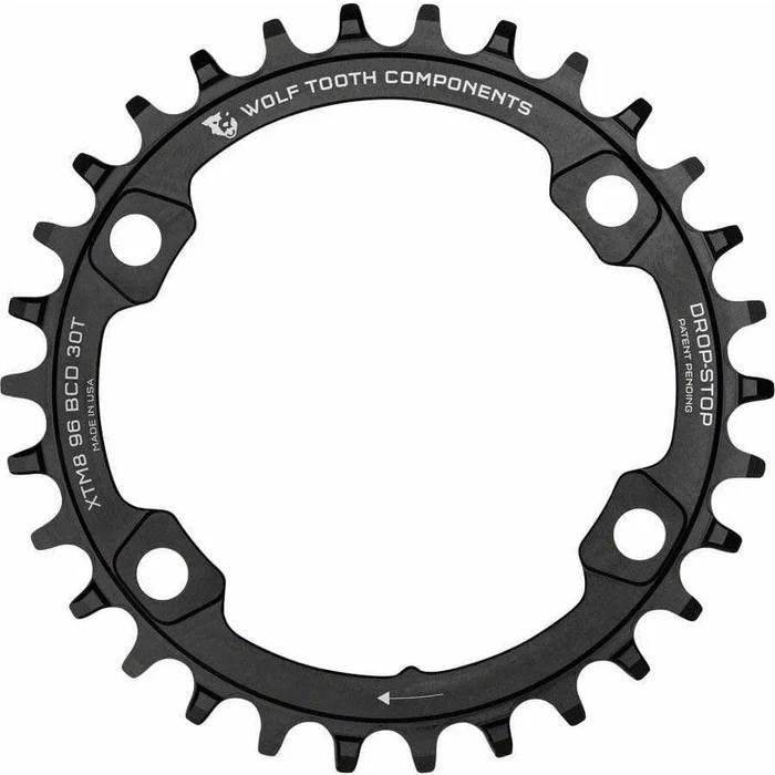 Wolf Tooth 96 BCD Chainring – 38t, 96 Asymmetric BCD, 4-Bolt, Drop-Stop, For Shimano XT M8000 and SLX M7000 Cranks