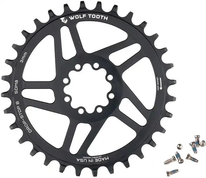 Wolf Tooth Direct Mount Chainring – 30t, SRAM Direct Mount, Drop-Stop B, For SRAM 8-Bolt Cranksets, 3mm Offset, Black